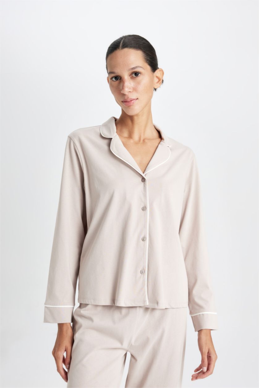 Kadın Bej Pijama Takımı Basic Düz Uzun Kollu Üst Beli Lastikli Uzun Alt