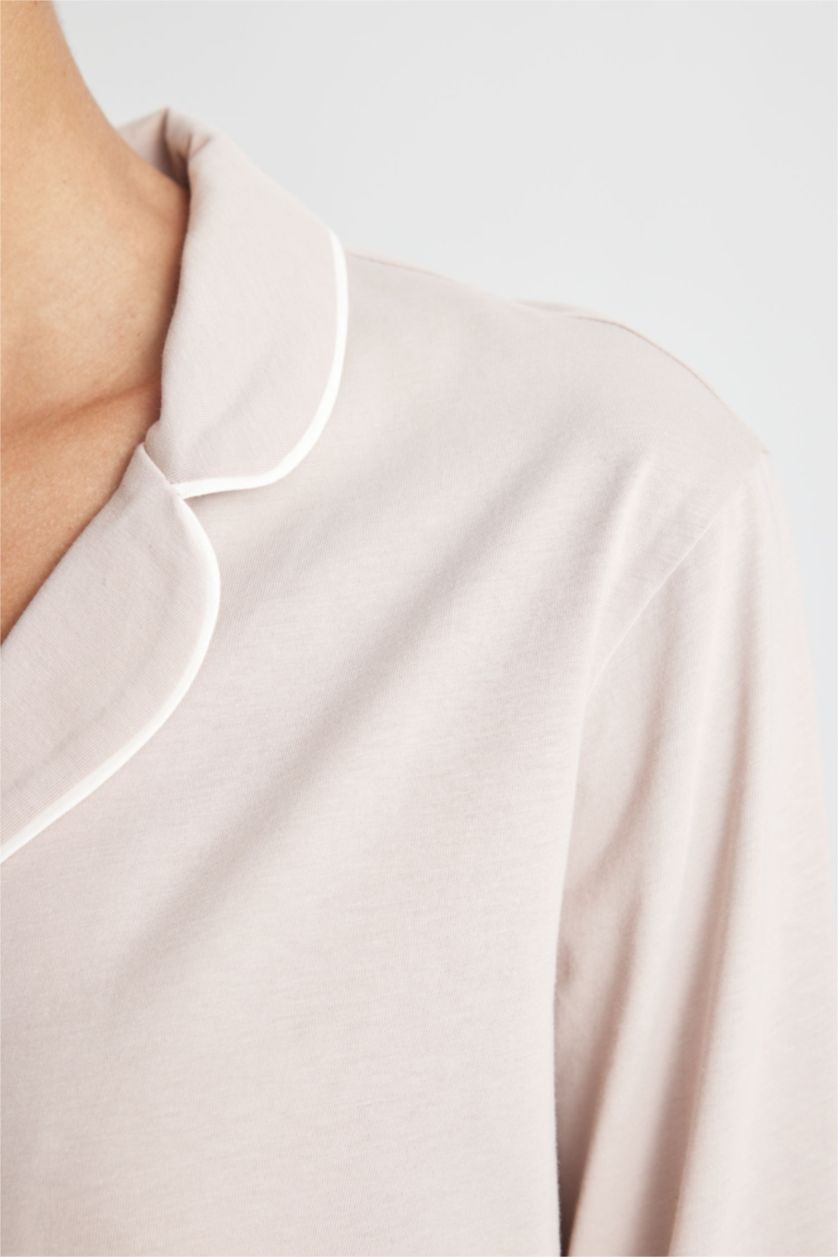 Kadın Bej Pijama Takımı Basic Düz Uzun Kollu Üst Beli Lastikli Uzun Alt