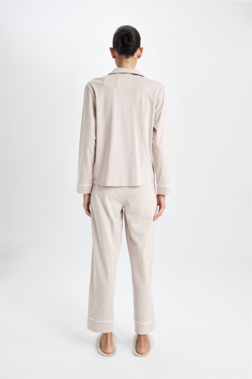 Kadın Bej Pijama Takımı Basic Düz Uzun Kollu Üst Beli Lastikli Uzun Alt