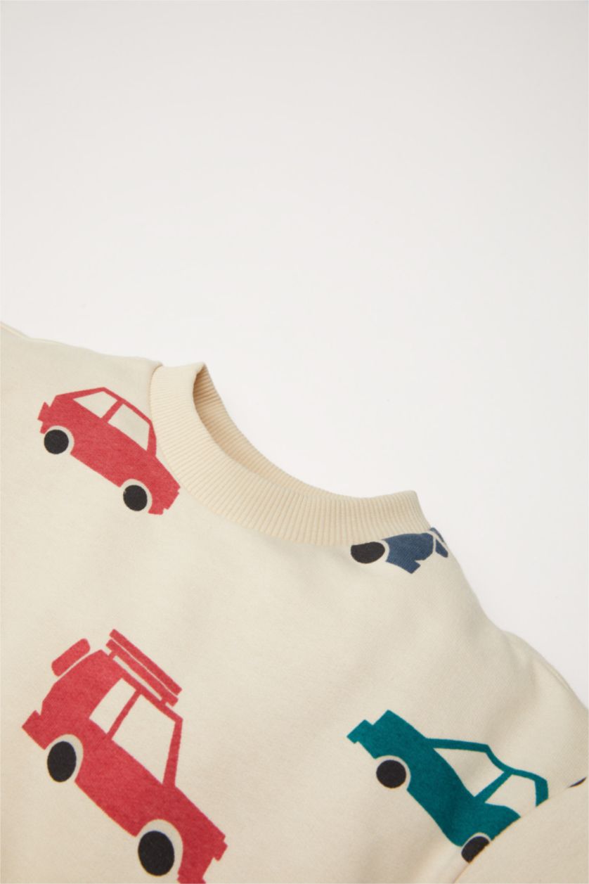 Erkek Bebek Açık Taş Bisiklet Yaka Araç Baskılı İçi Yumuşak Tüylü Sweatshirt Erkek Bebek