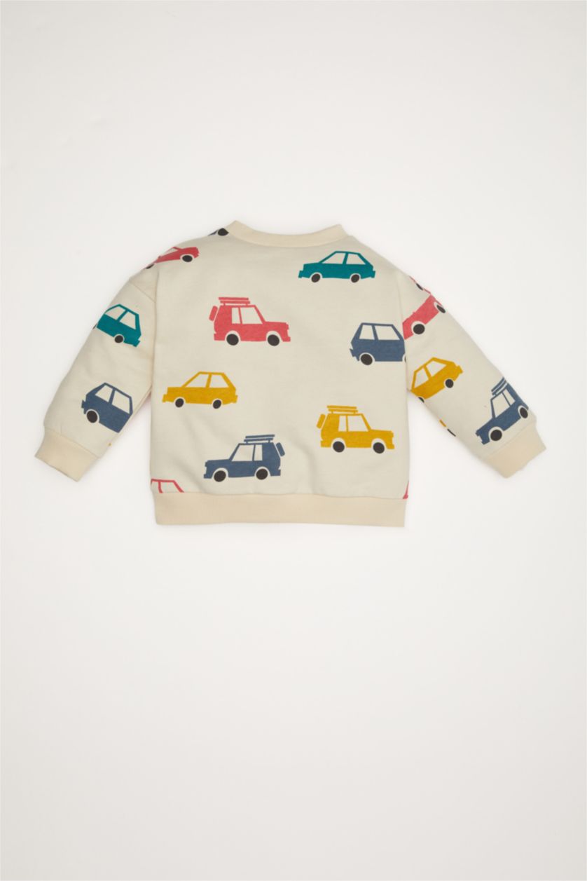 Erkek Bebek Açık Taş Bisiklet Yaka Araç Baskılı İçi Yumuşak Tüylü Sweatshirt Erkek Bebek