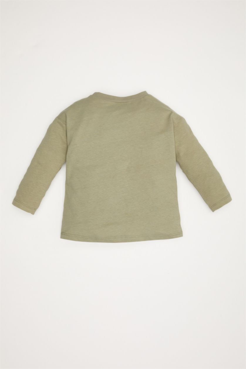 Erkek Bebek Açık Haki Bisiklet Yaka Dinozor Baskılı Uzun Kollu Tişört Erkek Bebek
