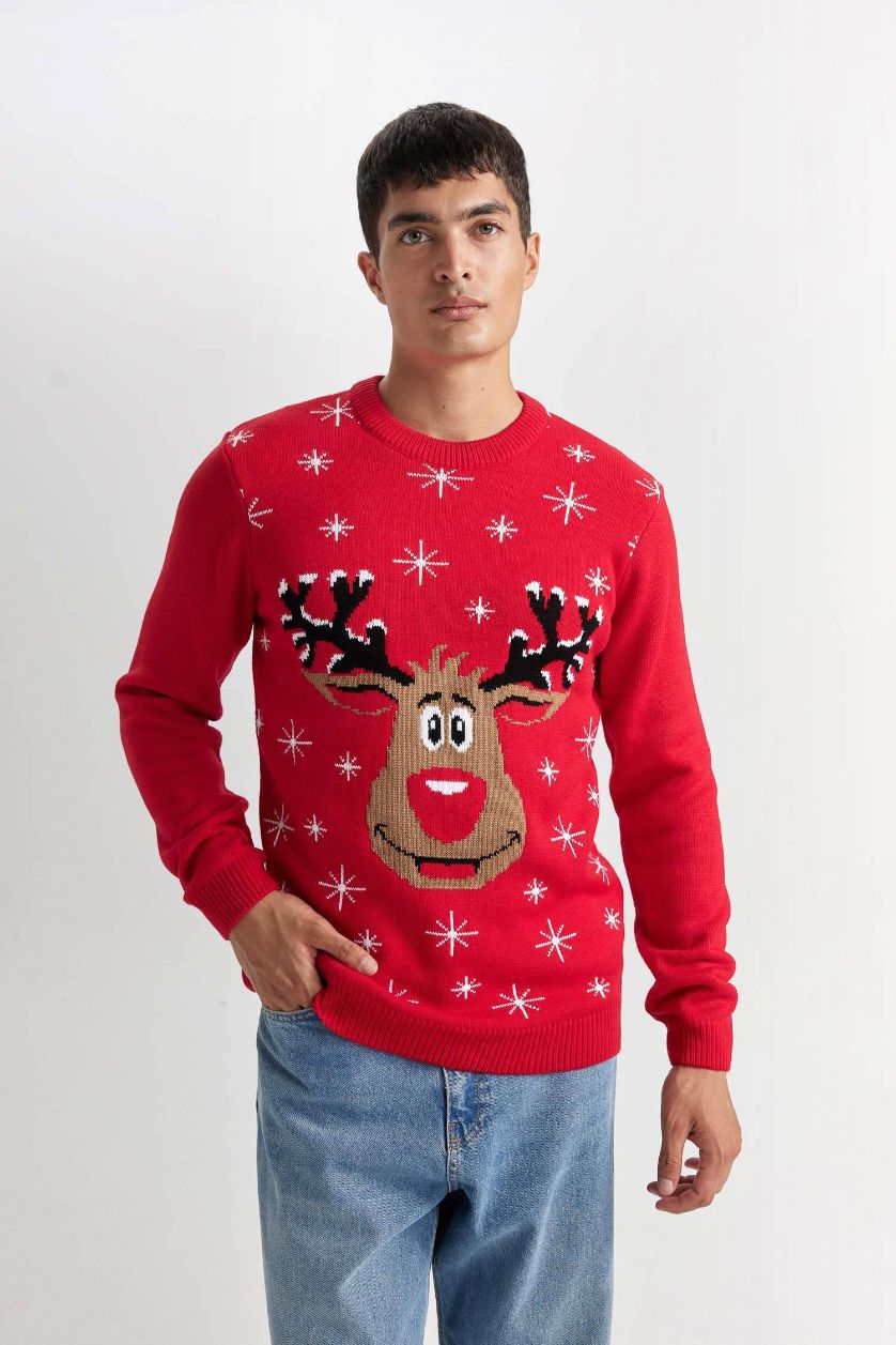 MAN Red Red Standard Fit Crew Neck New Year Themed Knitwear Pullover