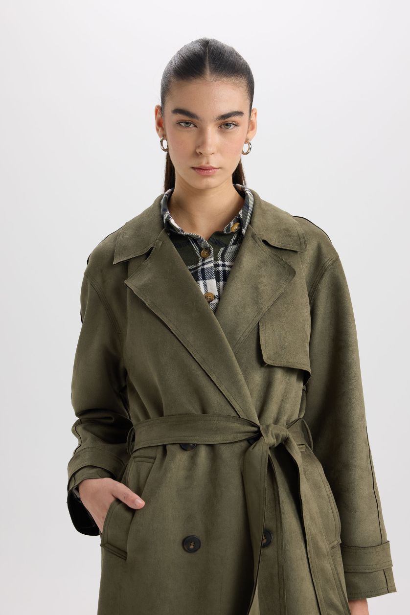 Kadın Haki Regular Fit Smokin Yaka  Kemerli Cepli Uzun Süet Trençkot