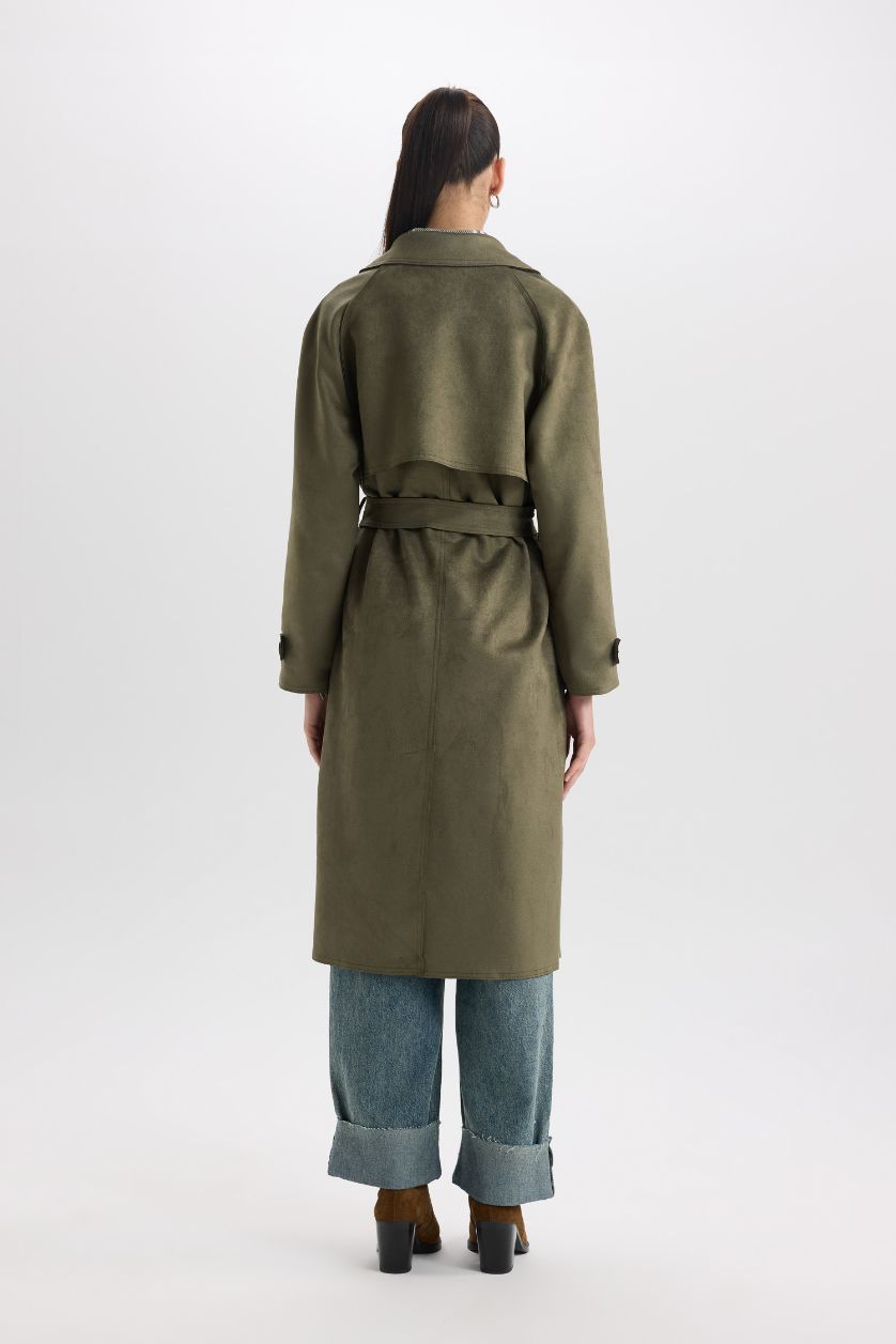 Kadın Haki Regular Fit Smokin Yaka  Kemerli Cepli Uzun Süet Trençkot
