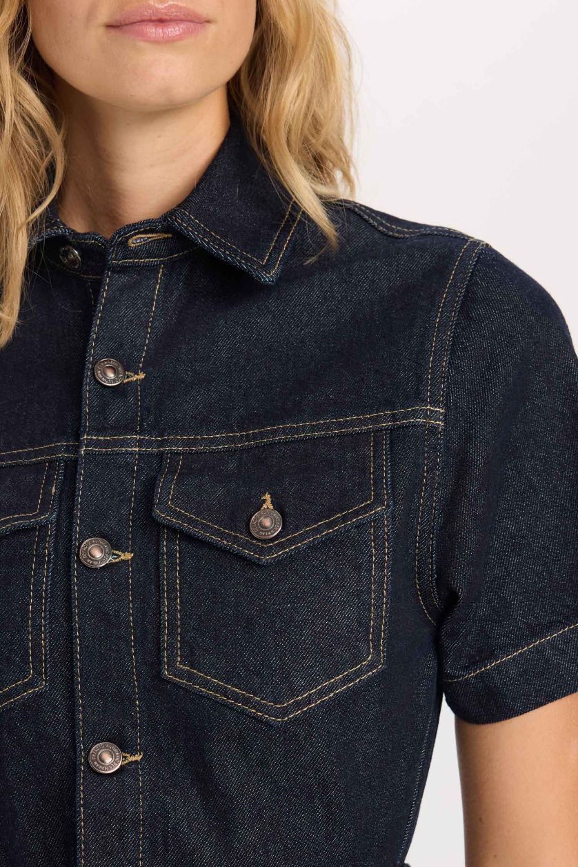 Kadın Koyu Mavi Fashion Fit Gömlek Yaka Cepli Kısa Kollu Midi Jean Elbise