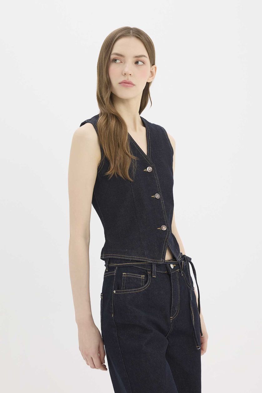 Woman Dark Blue Button Closure Blazer Denim vest