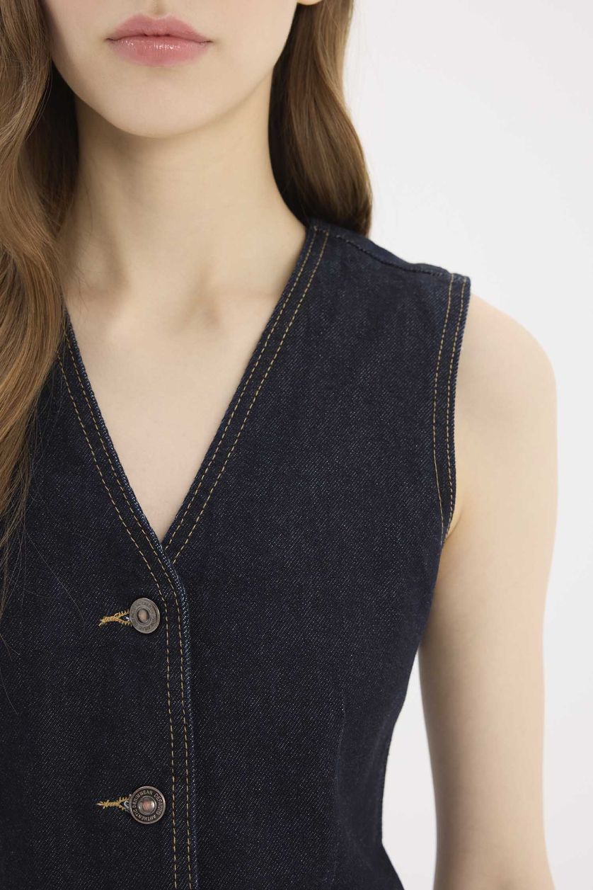 Woman Dark Blue Button Closure Blazer Denim vest