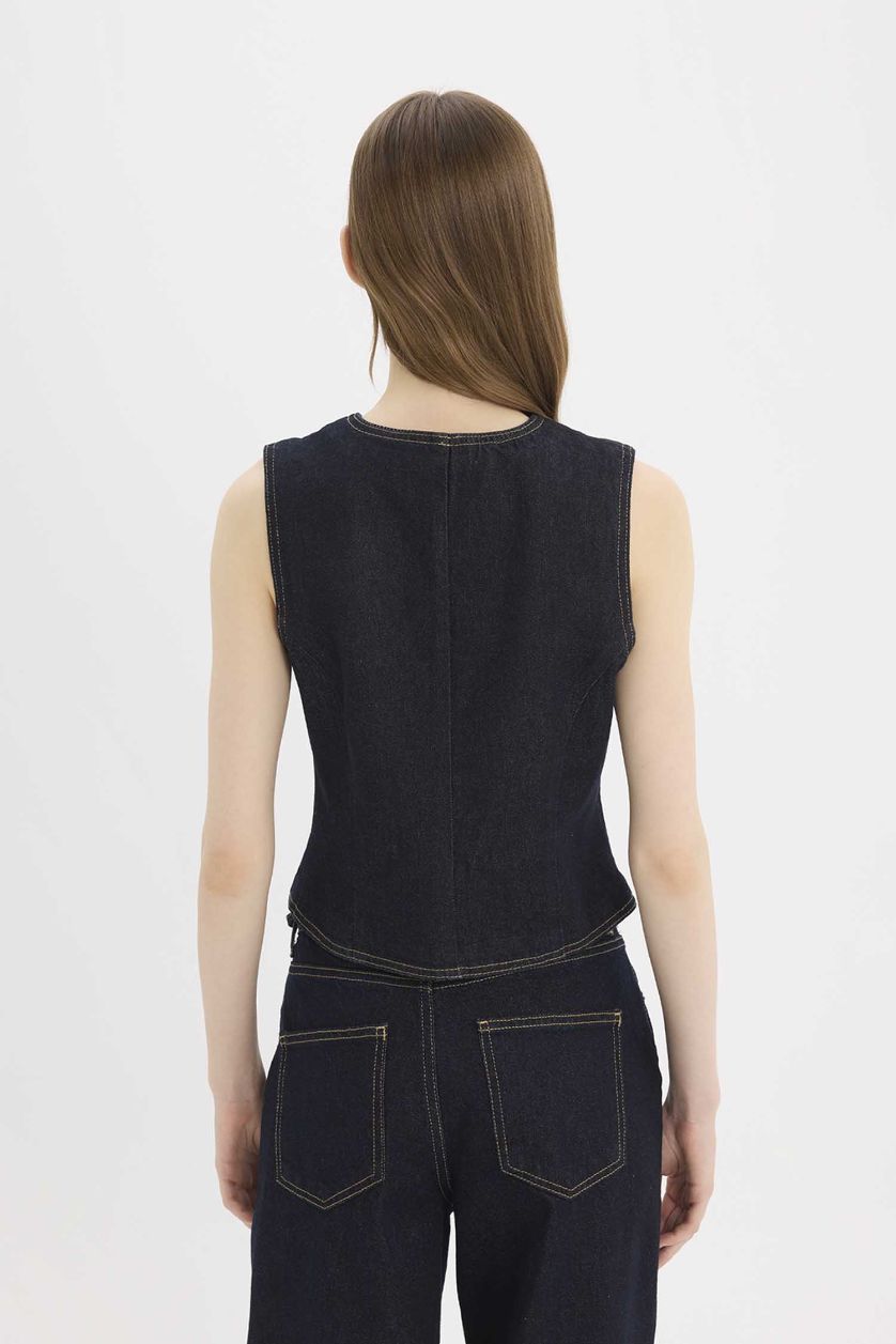 Woman Dark Blue Button Closure Blazer Denim vest