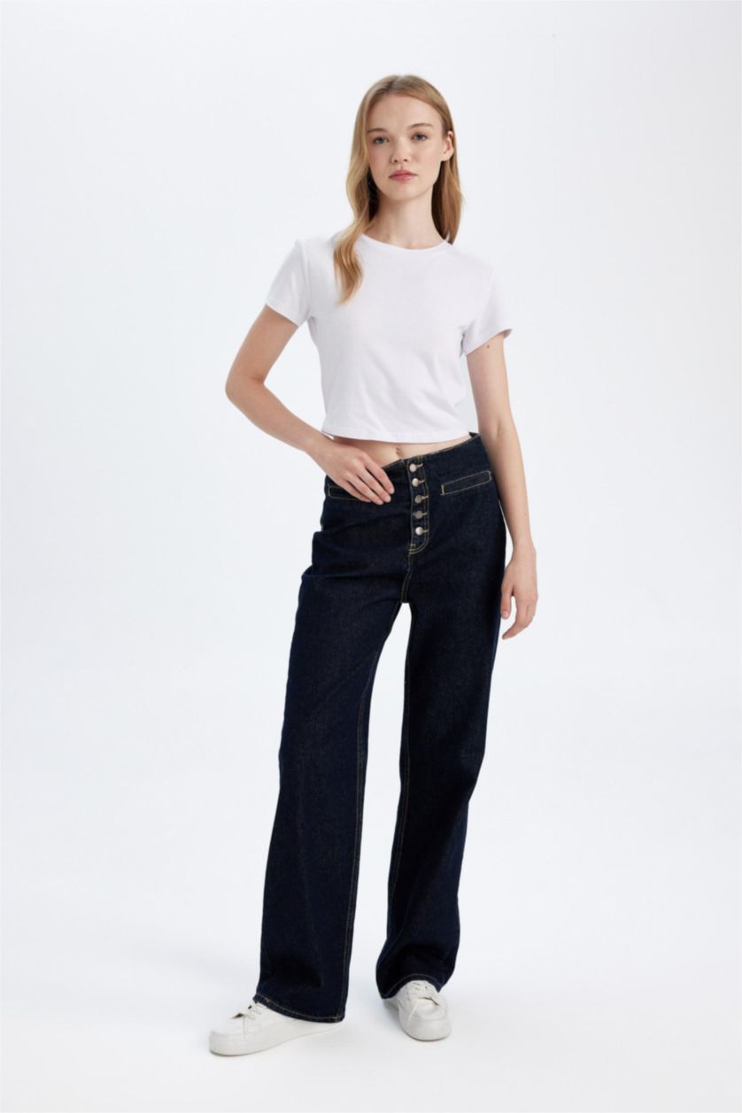 Kadın Koyu Mavi 90's Wide Leg Yüksek Bel Uzun Jean Pantolon