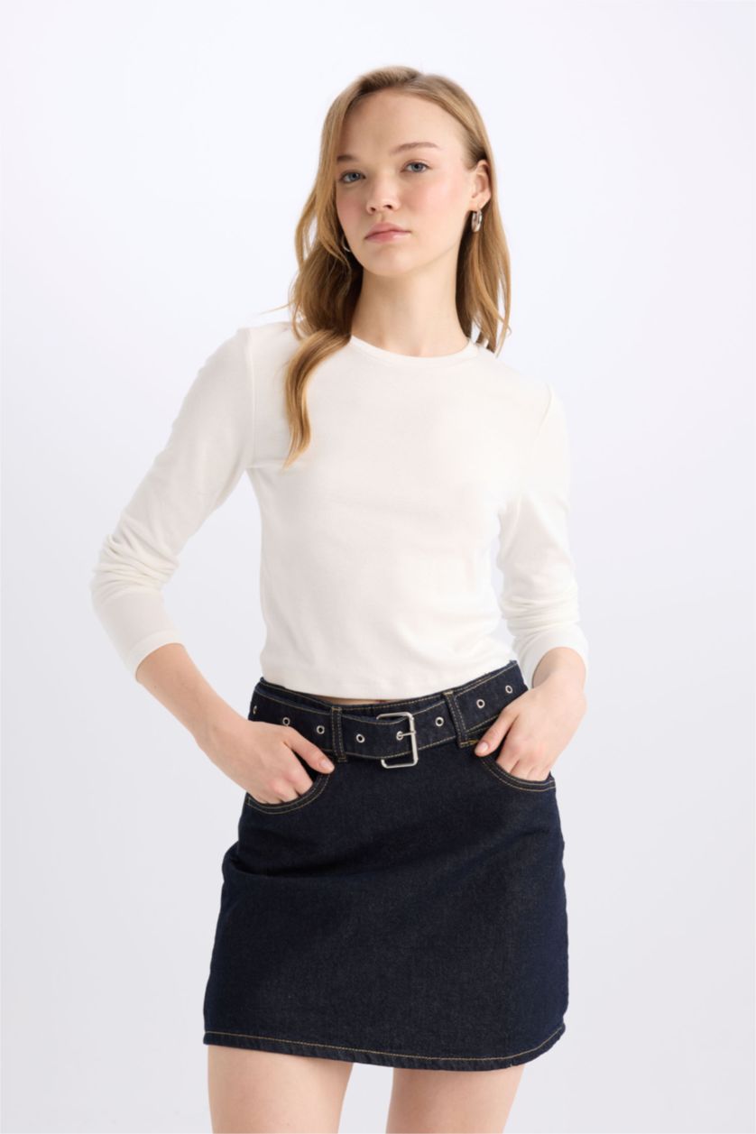 WOMAN Dark Blue Fashion Fit Faded Effect Belted Denim Mini Skirt