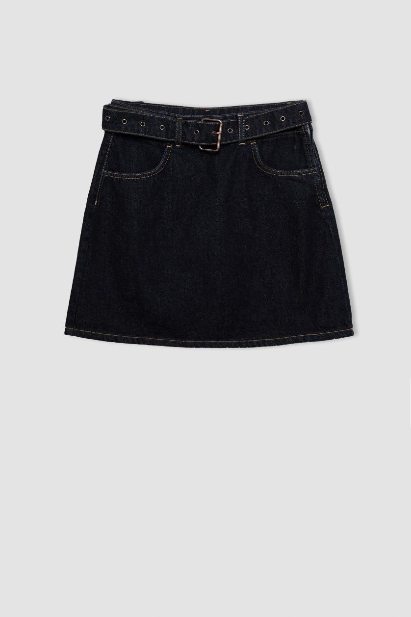 WOMAN Dark Blue Fashion Fit Faded Effect Belted Denim Mini Skirt
