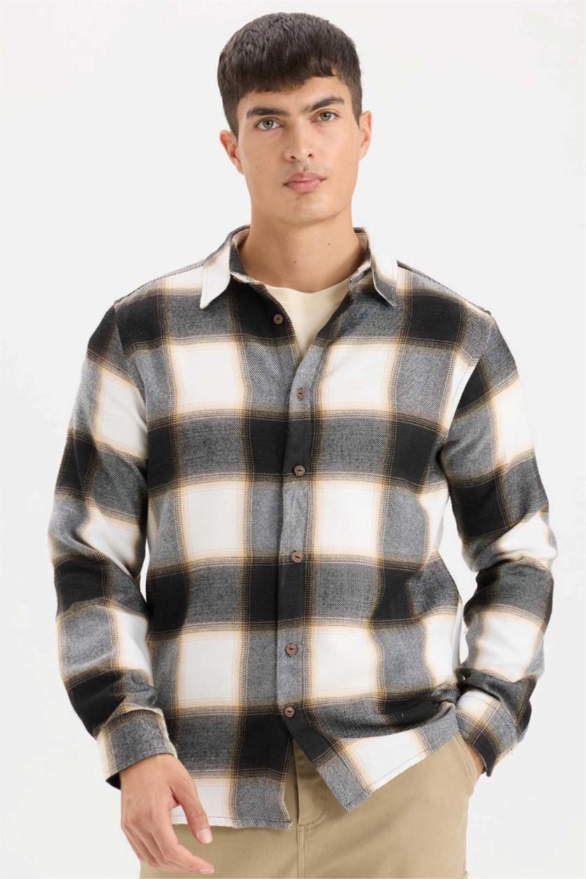 Man Light Brown Regular Fit Flannel Long Sleeve Checkered Shirt