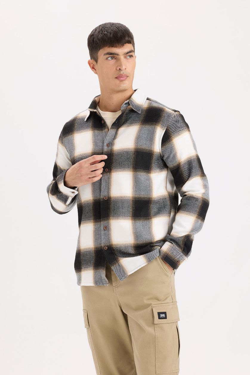 Man Light Brown Regular Fit Flannel Long Sleeve Checkered Shirt