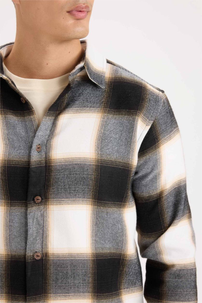 Man Light Brown Regular Fit Flannel Long Sleeve Checkered Shirt