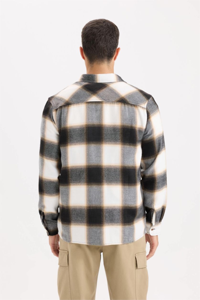 Man Light Brown Regular Fit Flannel Long Sleeve Checkered Shirt