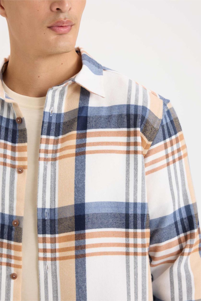 Erkek Ekru Regular Fıt Polo Yaka Kareli Flanel Uzun Kollu Gömlek