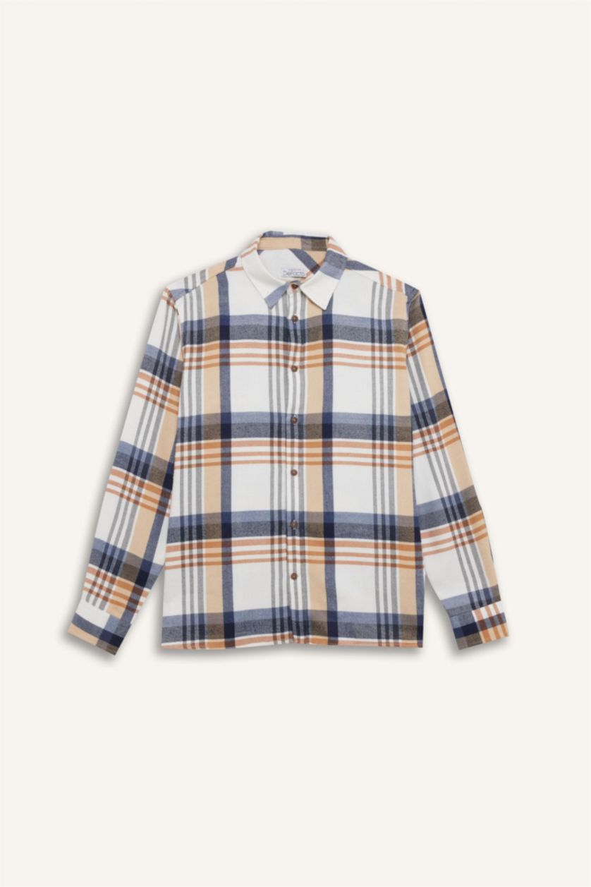 Erkek Ekru Regular Fıt Polo Yaka Kareli Flanel Uzun Kollu Gömlek