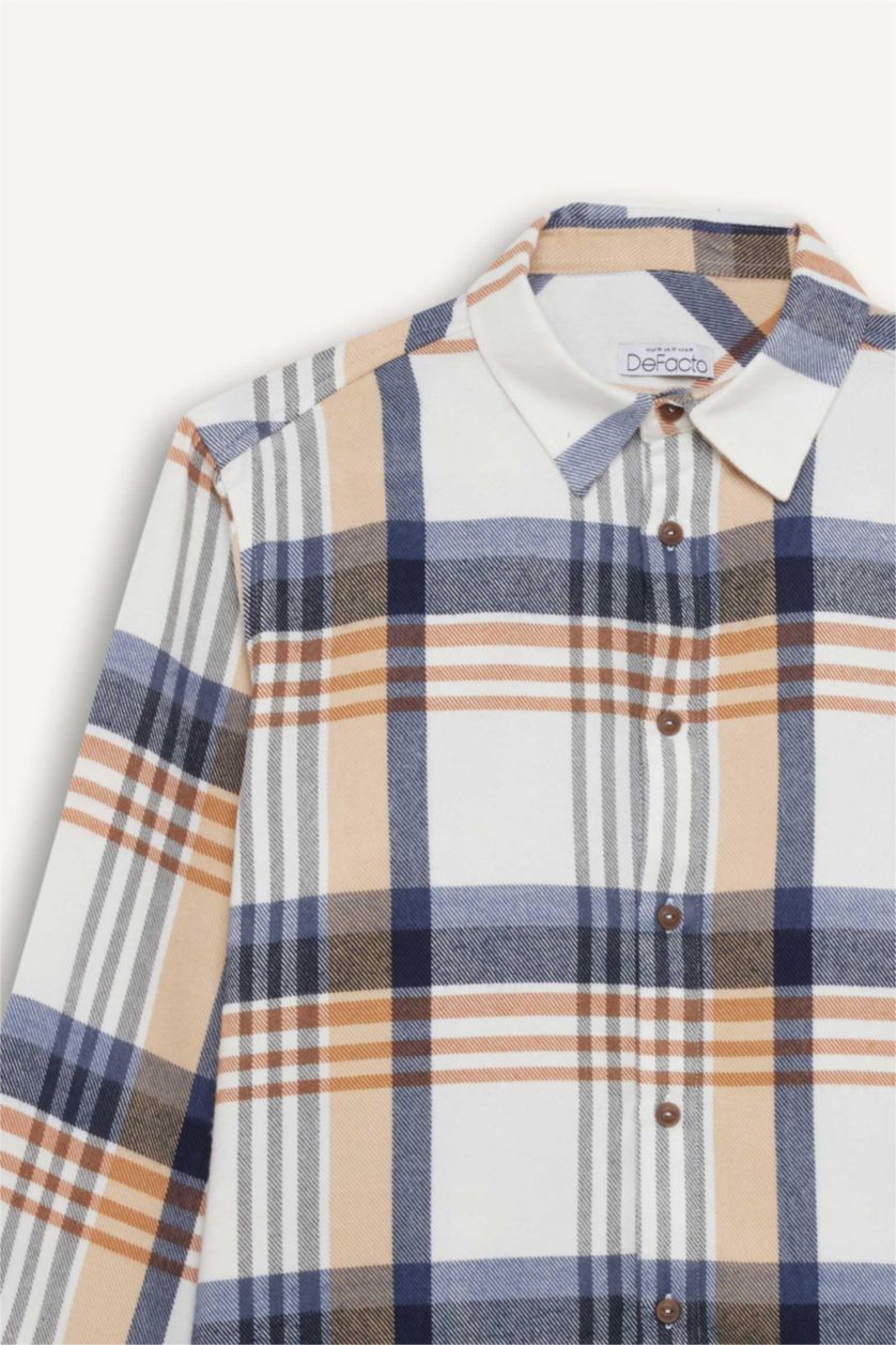 Erkek Ekru Regular Fıt Polo Yaka Kareli Flanel Uzun Kollu Gömlek