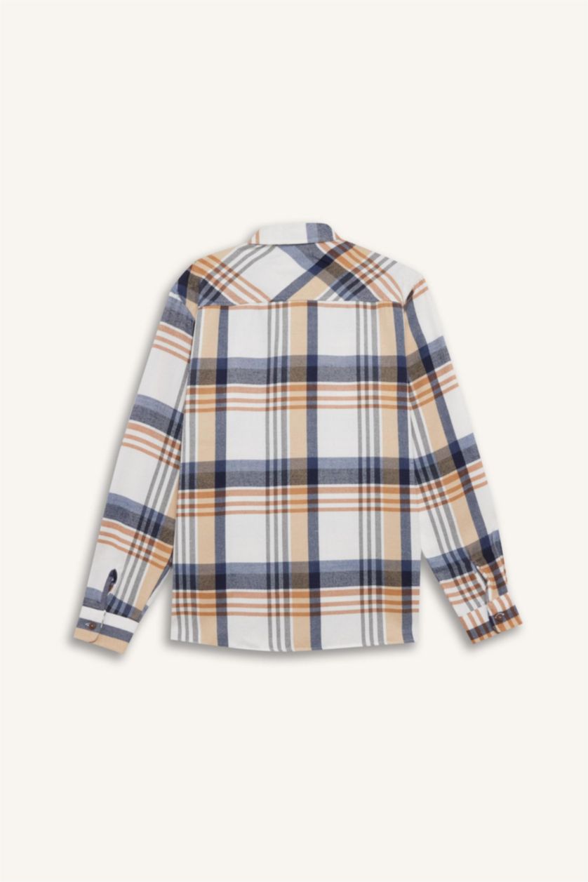 Erkek Ekru Regular Fıt Polo Yaka Kareli Flanel Uzun Kollu Gömlek