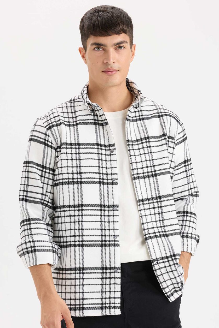 Man Ecru Regular Fit Flannel Long Sleeve Checkered Shirt