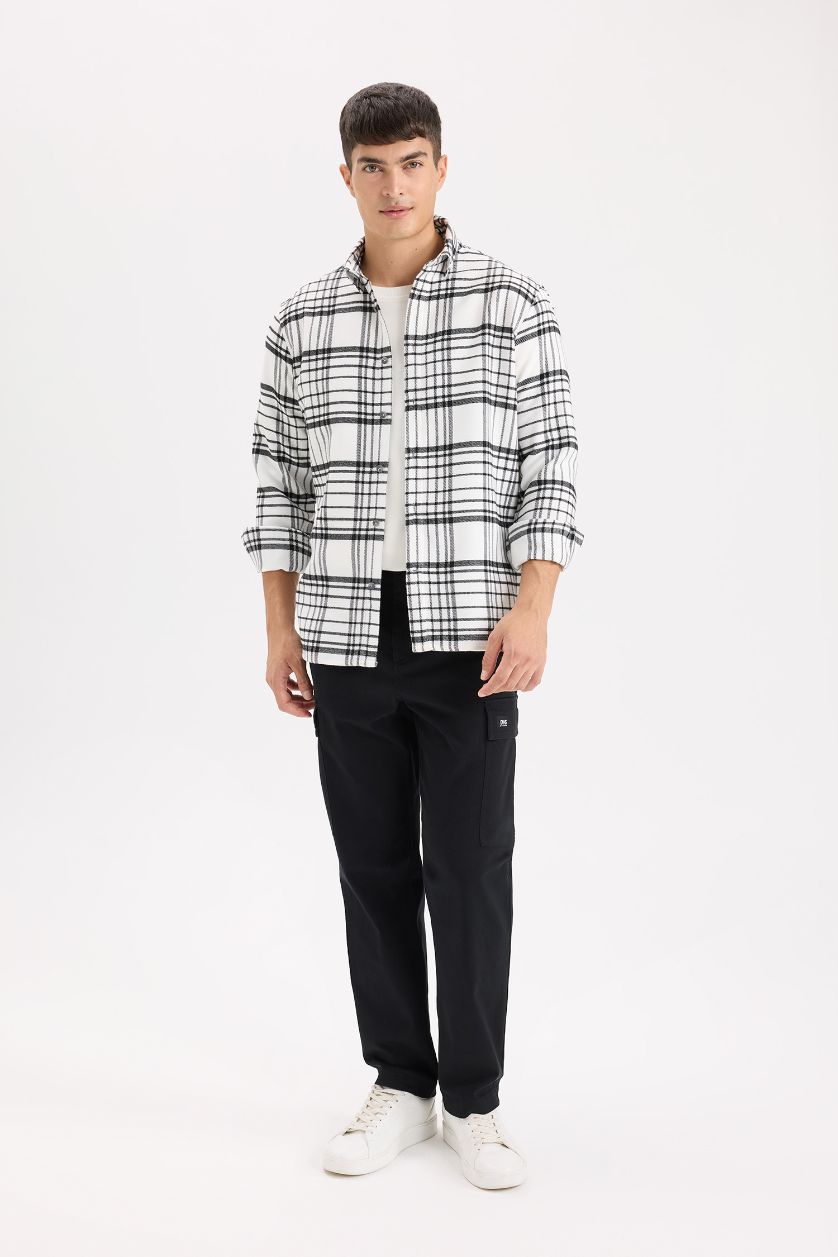 Man Ecru Regular Fit Flannel Long Sleeve Checkered Shirt