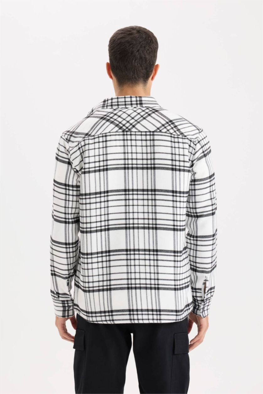 Man Ecru Regular Fit Flannel Long Sleeve Checkered Shirt