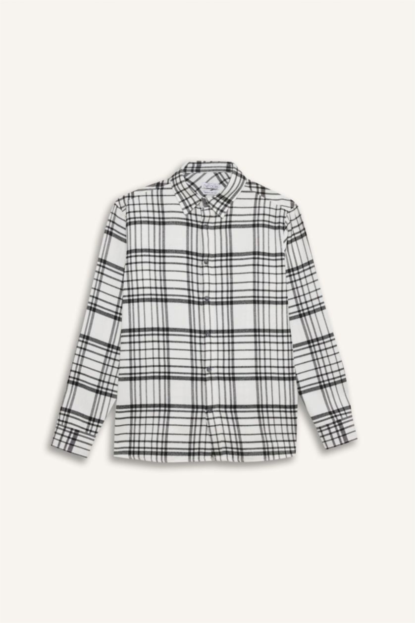Man Ecru Regular Fit Flannel Long Sleeve Checkered Shirt