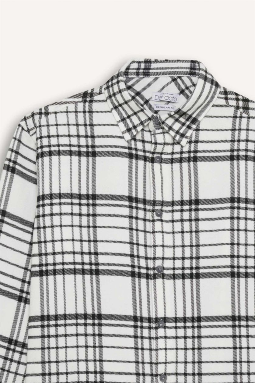 Man Ecru Regular Fit Flannel Long Sleeve Checkered Shirt