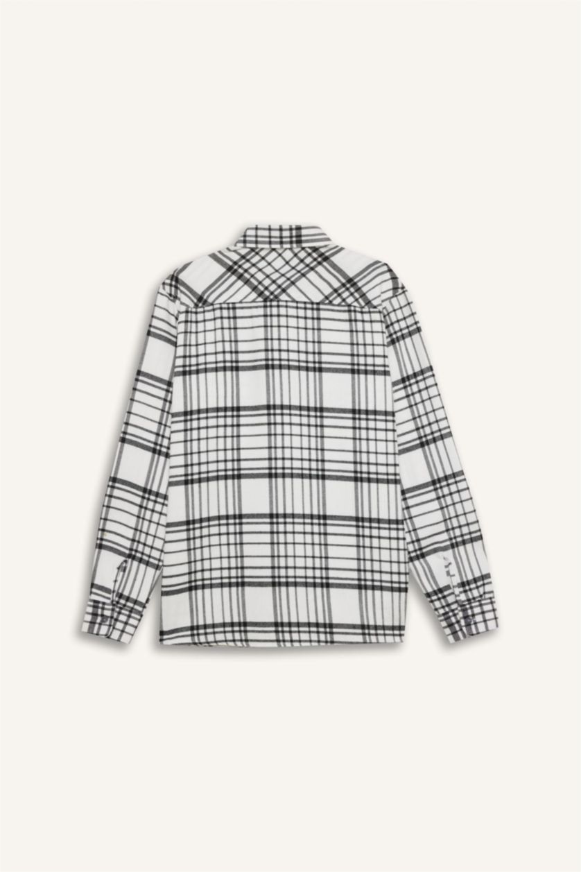 Man Ecru Regular Fit Flannel Long Sleeve Checkered Shirt