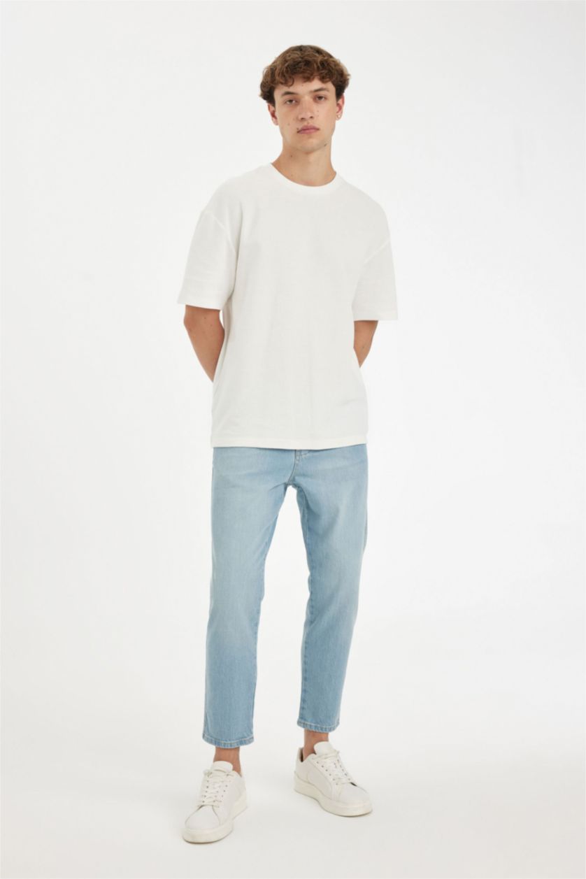 Erkek Açık Mavi Slim Cropped Fit Dar Kalıp Normal Bel Dar Paça Jean Pantolon