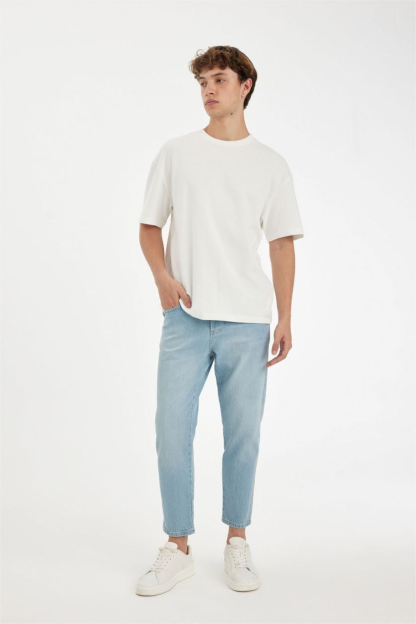 Erkek Açık Mavi Slim Cropped Fit Dar Kalıp Normal Bel Dar Paça Jean Pantolon