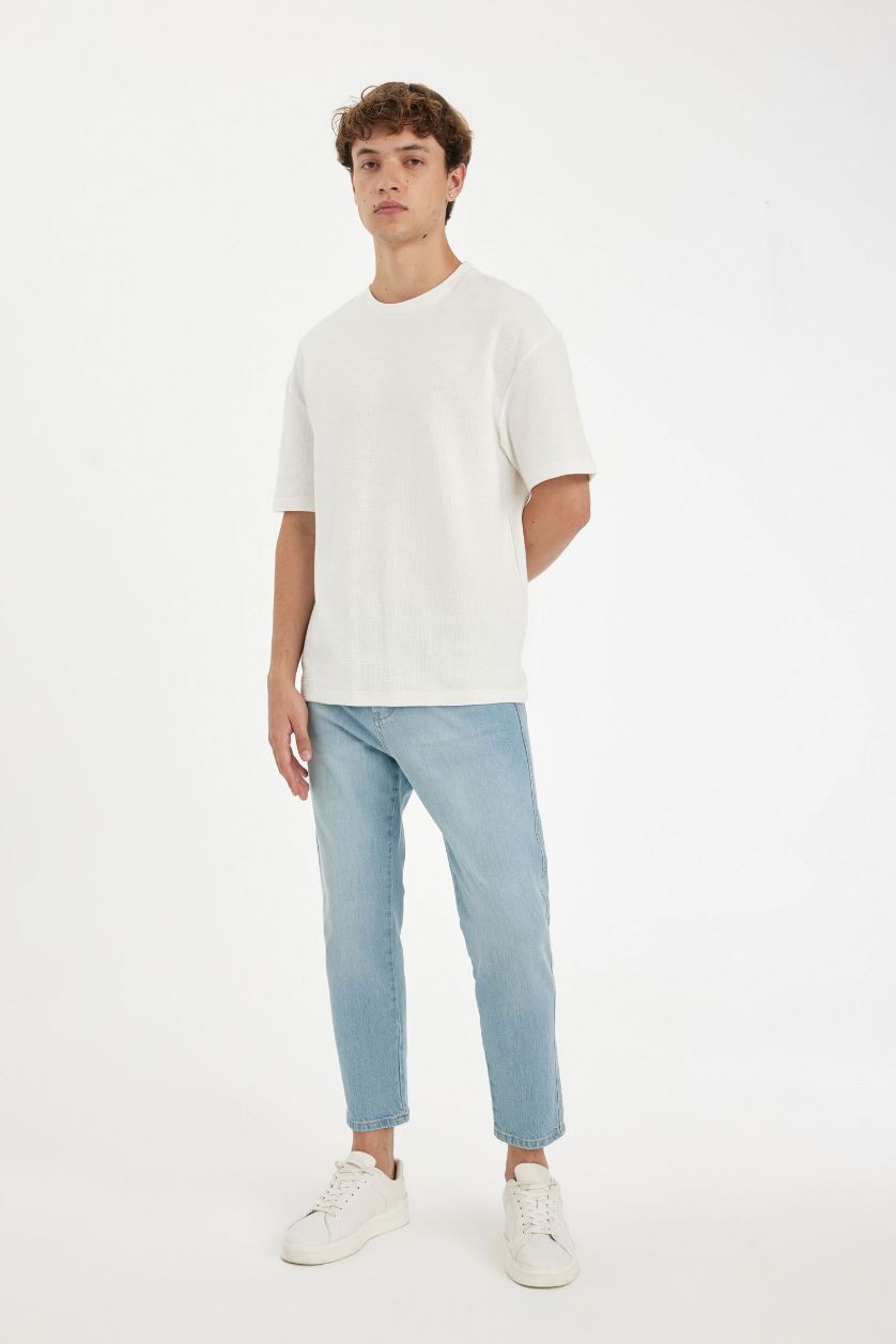 Erkek Açık Mavi Slim Cropped Fit Dar Kalıp Normal Bel Dar Paça Jean Pantolon