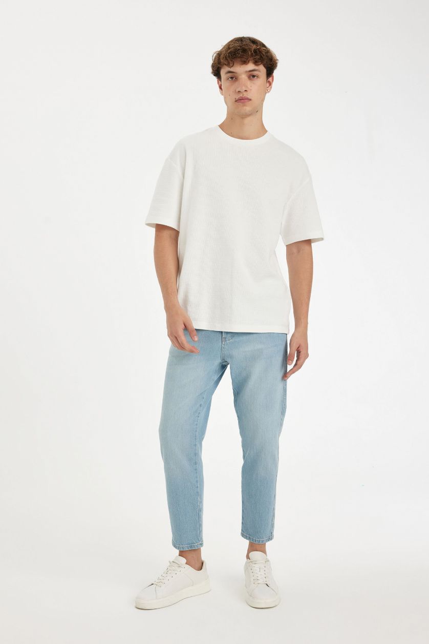 Erkek Açık Mavi Slim Cropped Fit Dar Kalıp Normal Bel Dar Paça Jean Pantolon