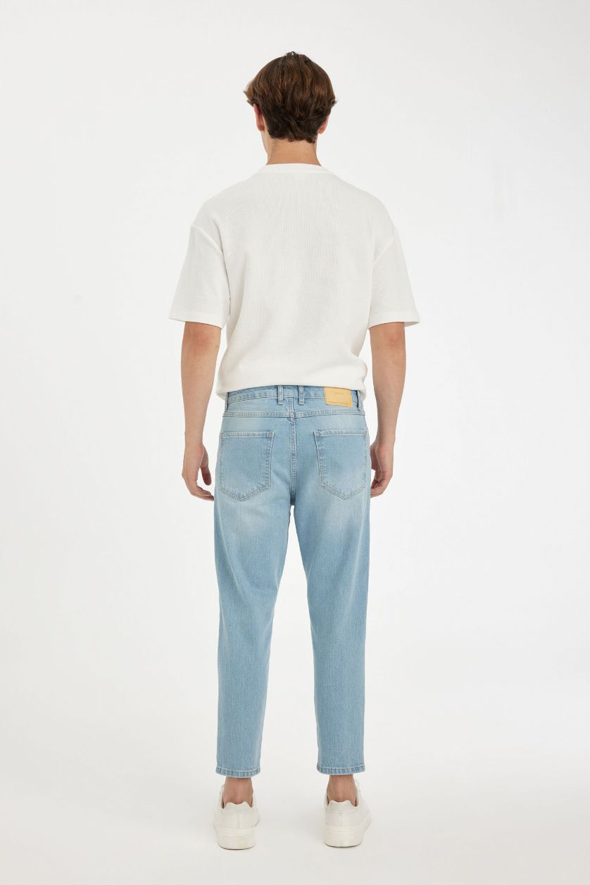Erkek Açık Mavi Slim Cropped Fit Dar Kalıp Normal Bel Dar Paça Jean Pantolon