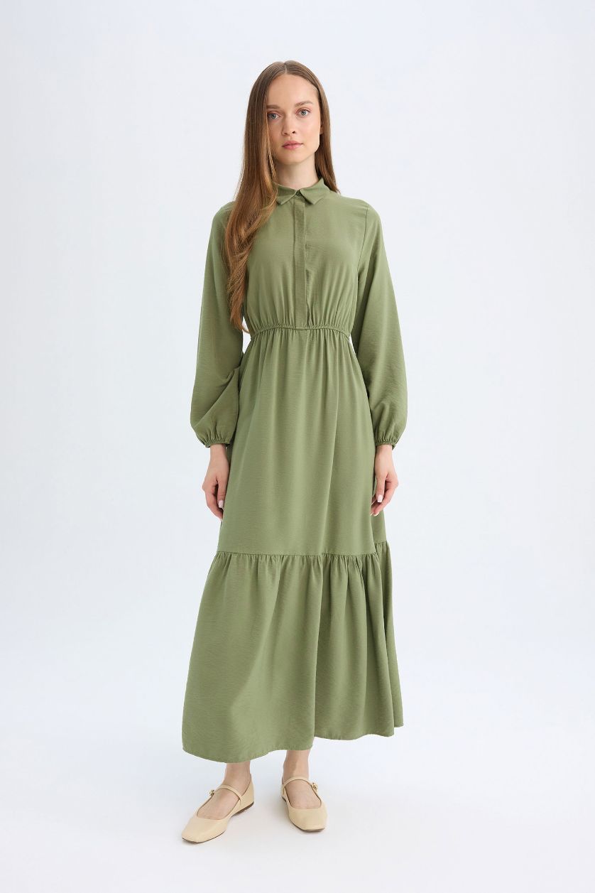 WOMAN Khaki Shirt Collar Basic Buttoned Waist Gathered Maxi Dress