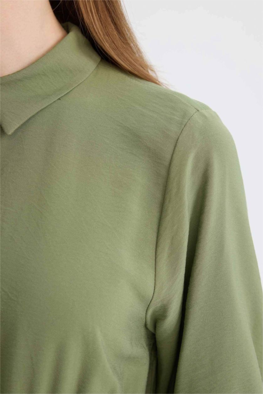 WOMAN Khaki Shirt Collar Basic Buttoned Waist Gathered Maxi Dress