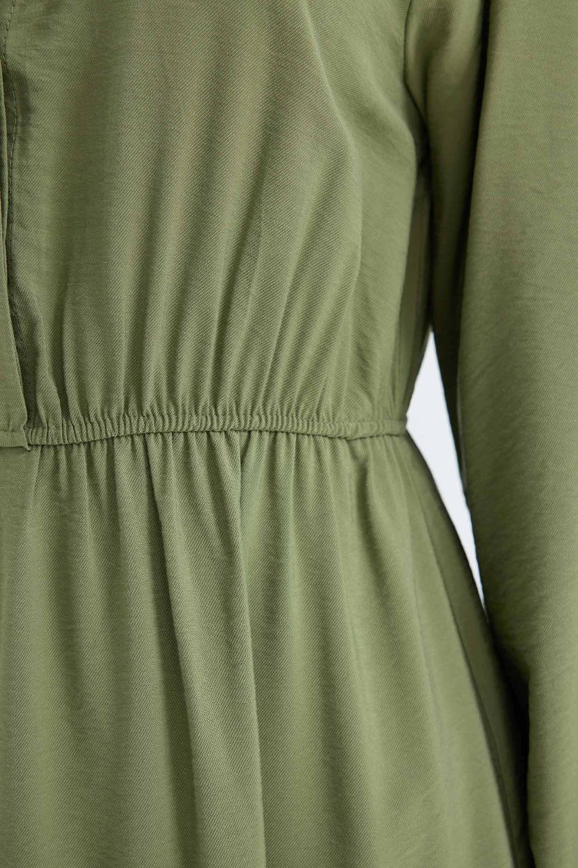 WOMAN Khaki Shirt Collar Basic Buttoned Waist Gathered Maxi Dress