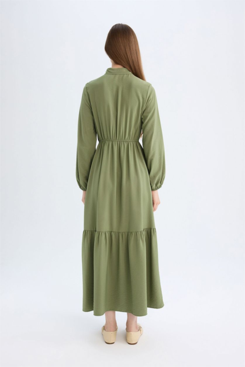 WOMAN Khaki Shirt Collar Basic Buttoned Waist Gathered Maxi Dress