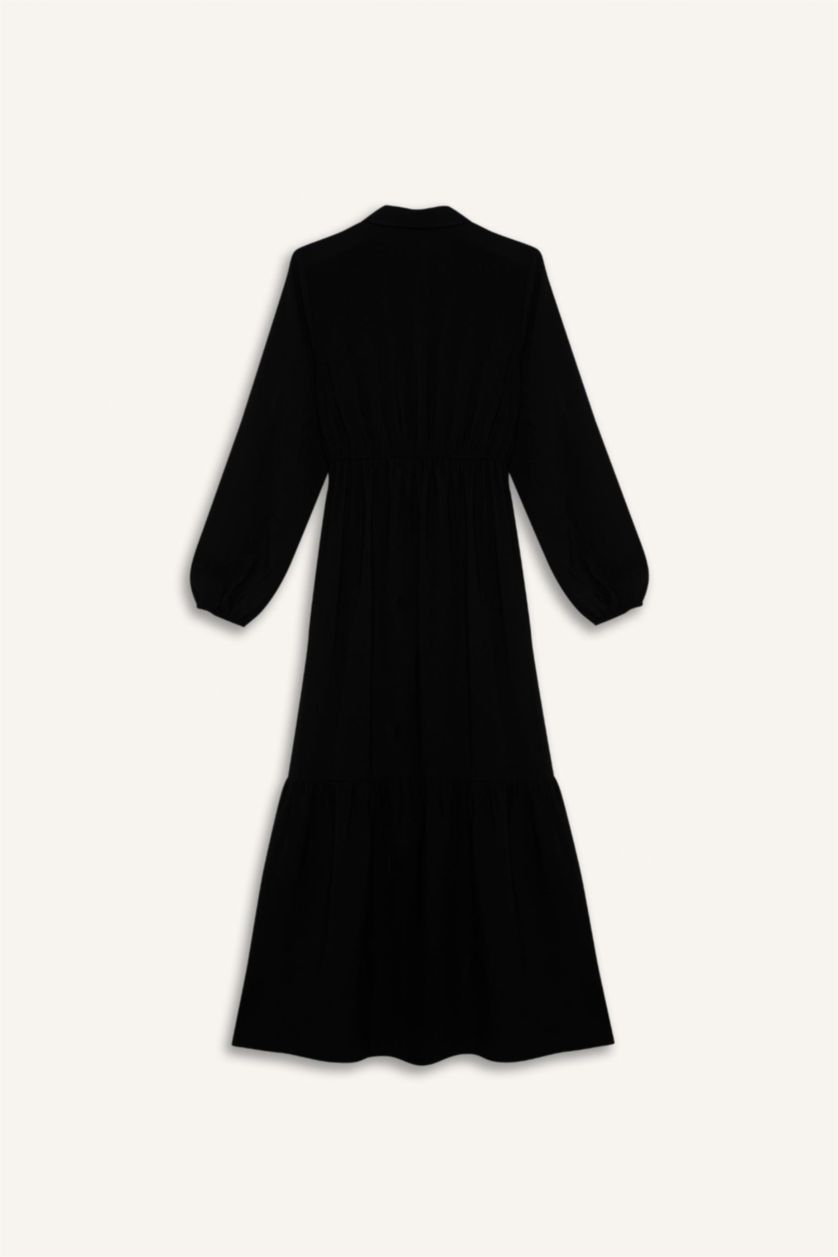 Kadın Siyah Gömlek Yaka Basic Düz Düğmeli Beli Büzgülü Uzun Kollu Maxi Elbise