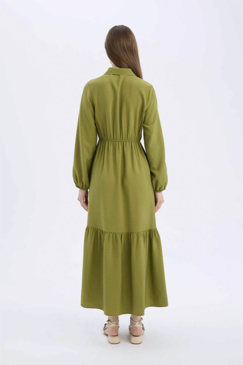 Kadın Haki 	Gömlek Yaka Basic Düz Düğmeli Beli Büzgülü Uzun Kollu Maxi  Elbise