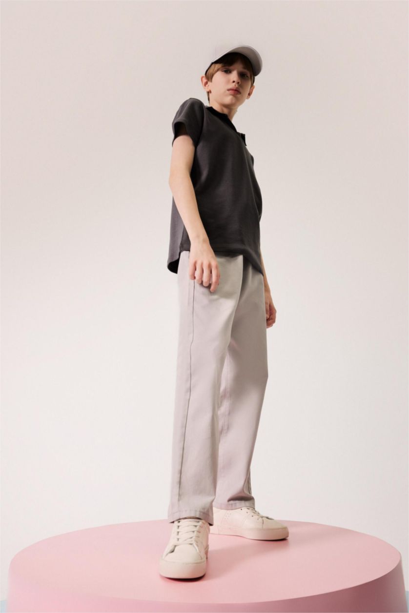Erkek Çocuk - Genç Erkek Açık Gri Düz Paça Basic Düz Gabardin Pantolon Erkek Çocuk