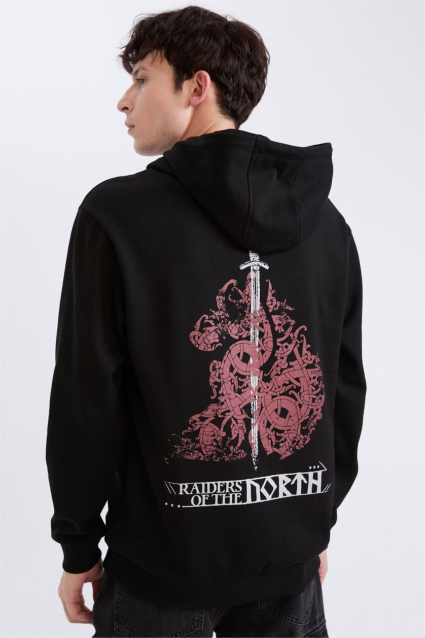 Erkek Siyah Vikings Valhalla Regular Fit Kapüşonlu Sırt Baskılı Sweatshirt