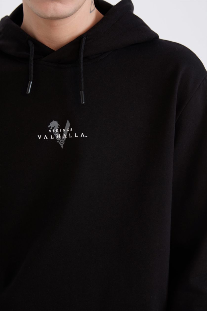 Erkek Siyah Vikings Valhalla Regular Fit Kapüşonlu Sırt Baskılı Sweatshirt