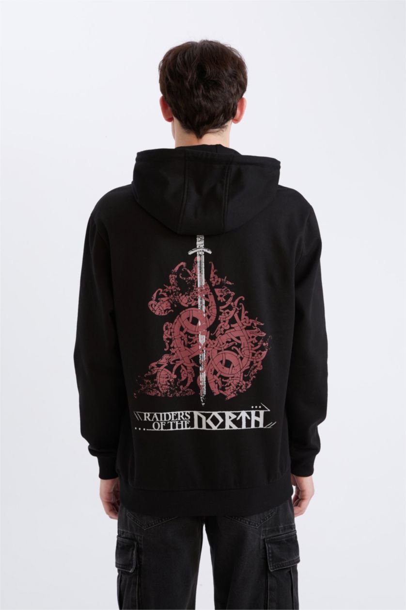 Erkek Siyah Vikings Valhalla Regular Fit Kapüşonlu Sırt Baskılı Sweatshirt