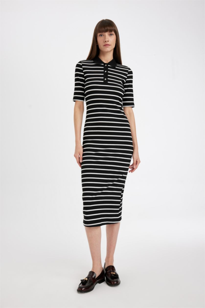 Woman Black Bodycon Polo Collar Striped Camisole Midi Dress