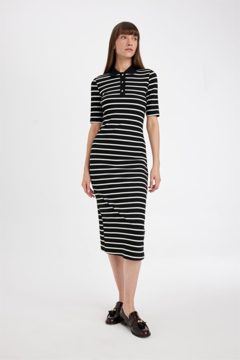 Woman Black Bodycon Polo Collar Striped Camisole Midi Dress