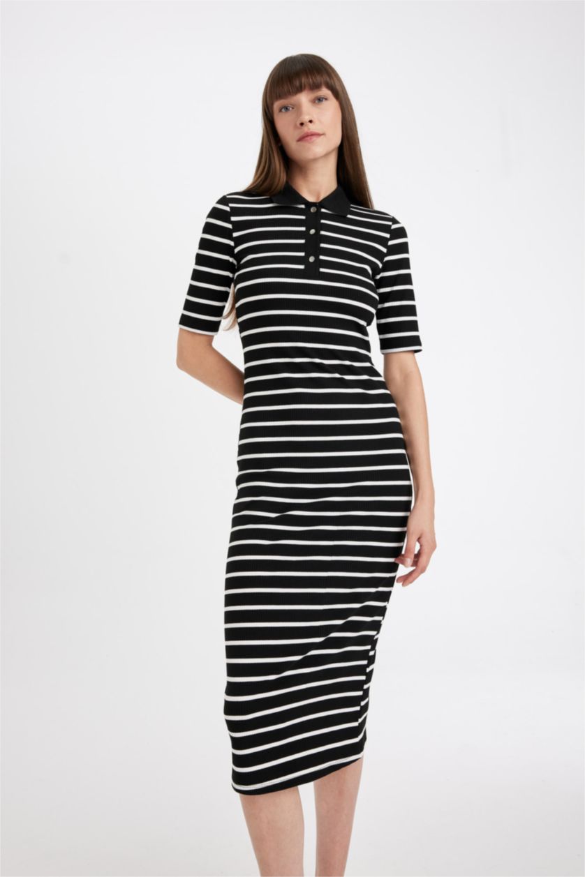 Woman Black Bodycon Polo Collar Striped Camisole Midi Dress