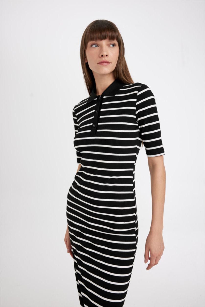 Woman Black Bodycon Polo Collar Striped Camisole Midi Dress