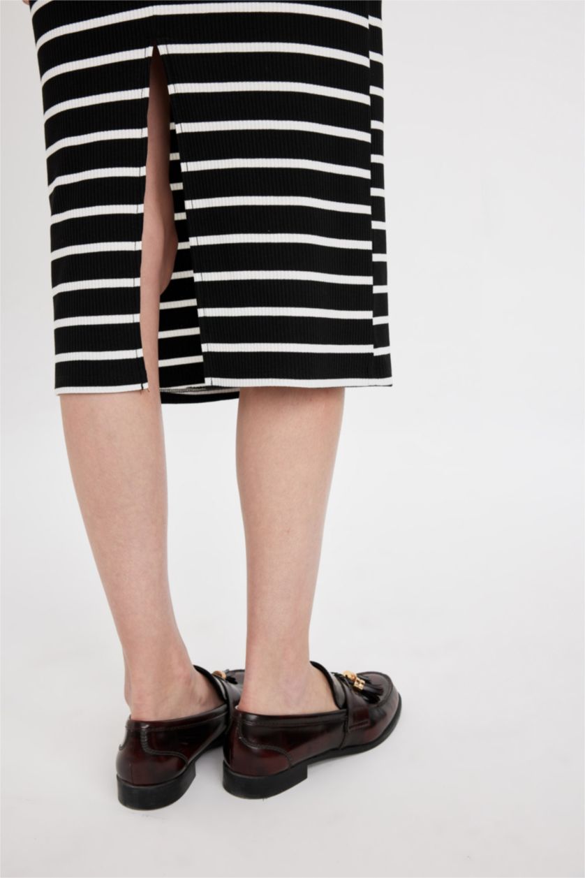 Woman Black Bodycon Polo Collar Striped Camisole Midi Dress